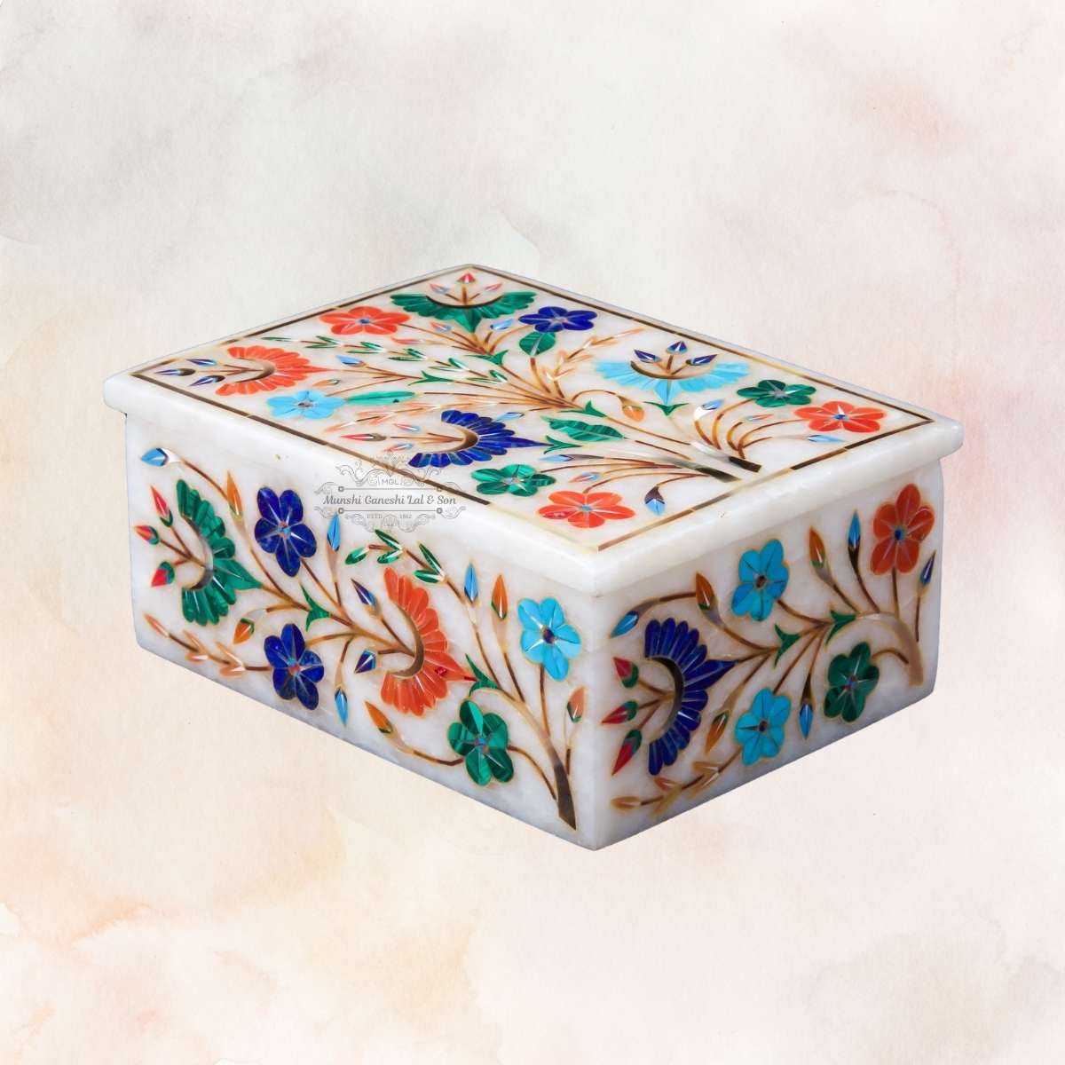 Orange Green Blue & Golden Colour Designed Marble Jewellery Box